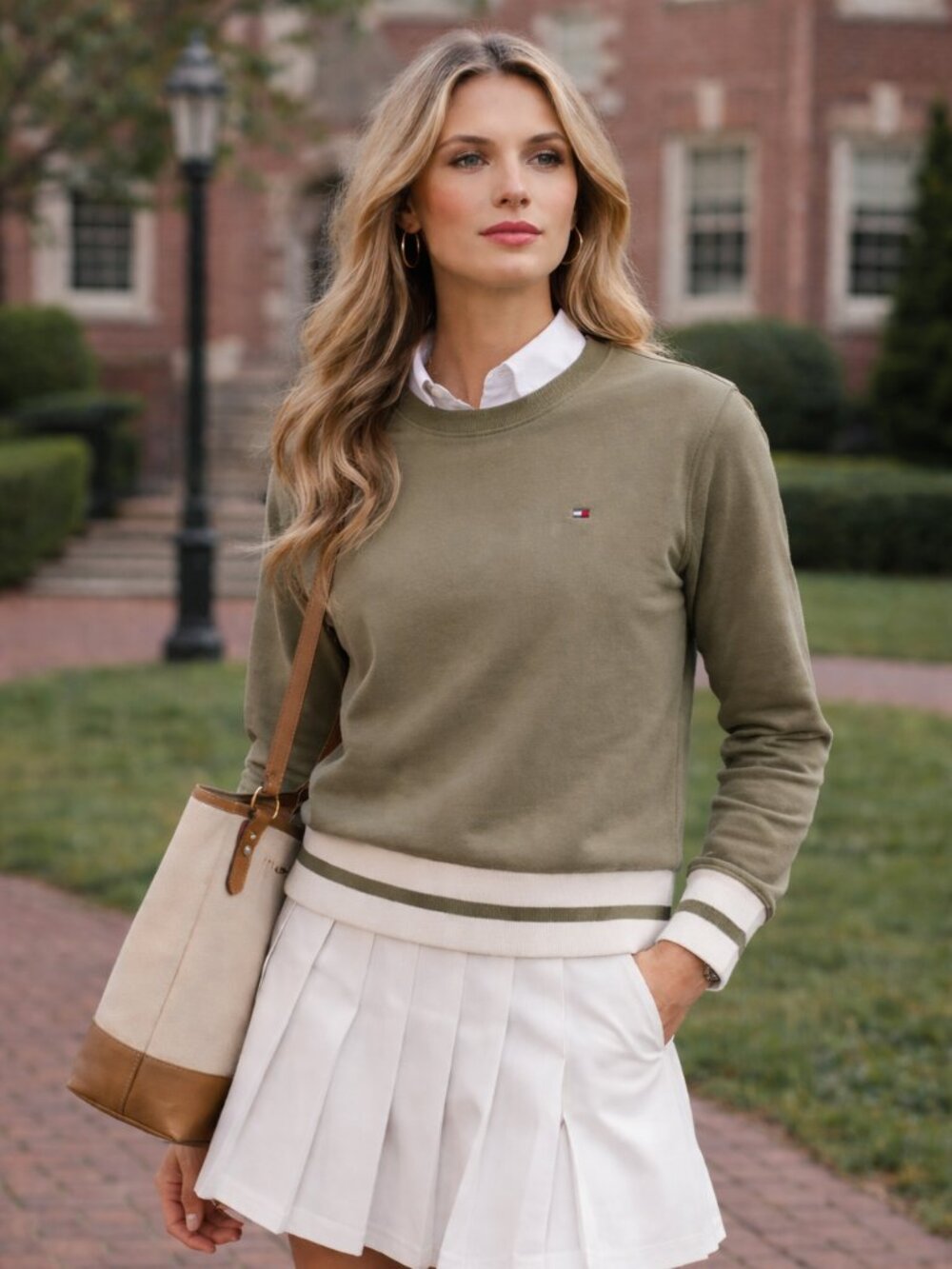 Tommy Hilfiger Olive Green Colorblock Crewneck Sweatshirt - Size XXS